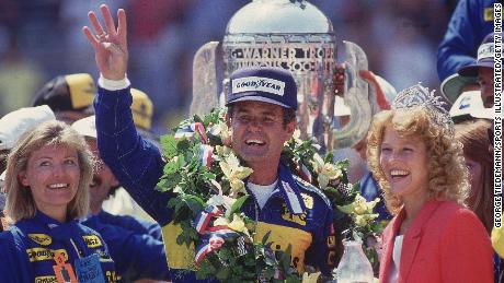 Al Unser Sr celebrates winning the Indy 500 in 1987. 