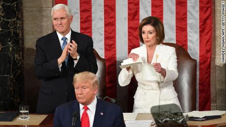 Pelosi appears to rip a copy of then-President Donald Trump&#39;s speech after he delivered the State of the Union address in 2020.