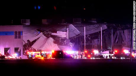 The Amazon distribution center is partially collapsed after being hit by a tornado on Friday, Dec. 10, 2021 in Edwardsville, Ill.  (Robert Cohen/St. Louis Post-Dispatch via AP)