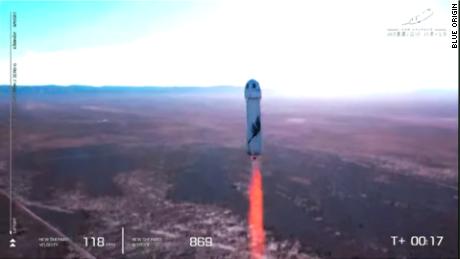 The New Shepard rocket takes flight for the NS-19 mission in December 2021.