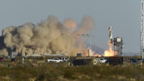 A Blue Origin New Shepard rocket launches on December 11, 2021, in West Texas near Van Horn. The NS-19 mission took Laura Shepard Churchley, eldest daughter of famed NASA astronaut Alan Shepard, Television talk show host Michael Strahan and paying passengers Dylan Taylor, Evan Dick, Lane Bess and Cameron Bess into space.