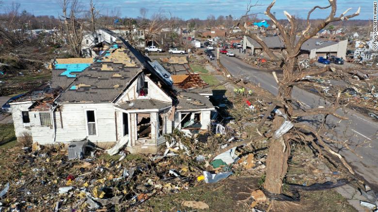 An aerial view shows devastated homes after a tornado ripped through Mayfield, Kentucky. 