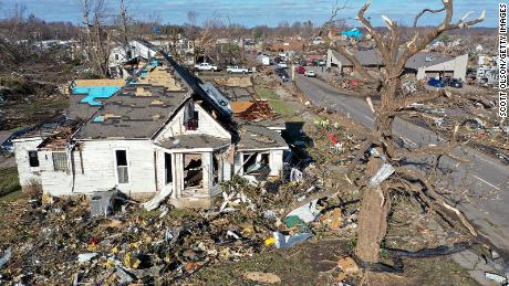 An aerial view shows devastated homes after a tornado ripped through Mayfield, Kentucky. 