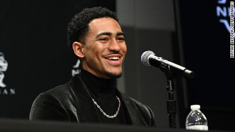 The Heisman Trophy winner, quarterback Bryce Young from Alabama, speaks at the 2021 Heisman Trophy finalist press conference at the Marriott Marquis Hotel on December 11, 2021 in New York City.