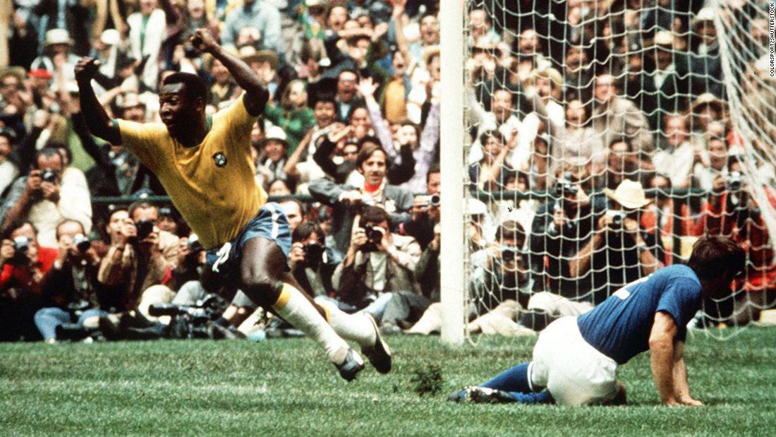 Pelé celebrates after scoring the first goal for Brazil in the 1970 World Cup final against Italy. The Brazilians won 4-1. &quot;Before the match, I told myself that Pelé was just flesh and bones like the rest of us,&quot; Italian defender Tarcisio Burgnich said after the match. &quot;Later, I realized I&#39;d been wrong.&quot;