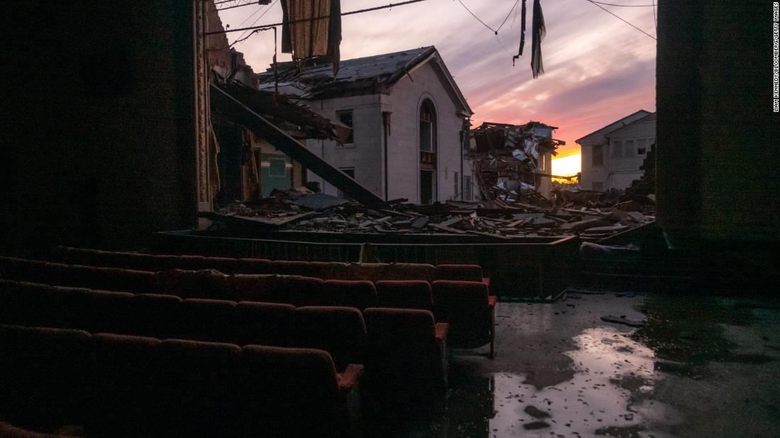 A damaged theater is seen in Mayfield on December 11.