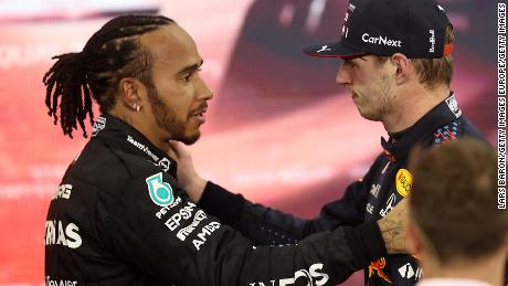 Lewis Hamilton congratulates Verstappen after the race. 
