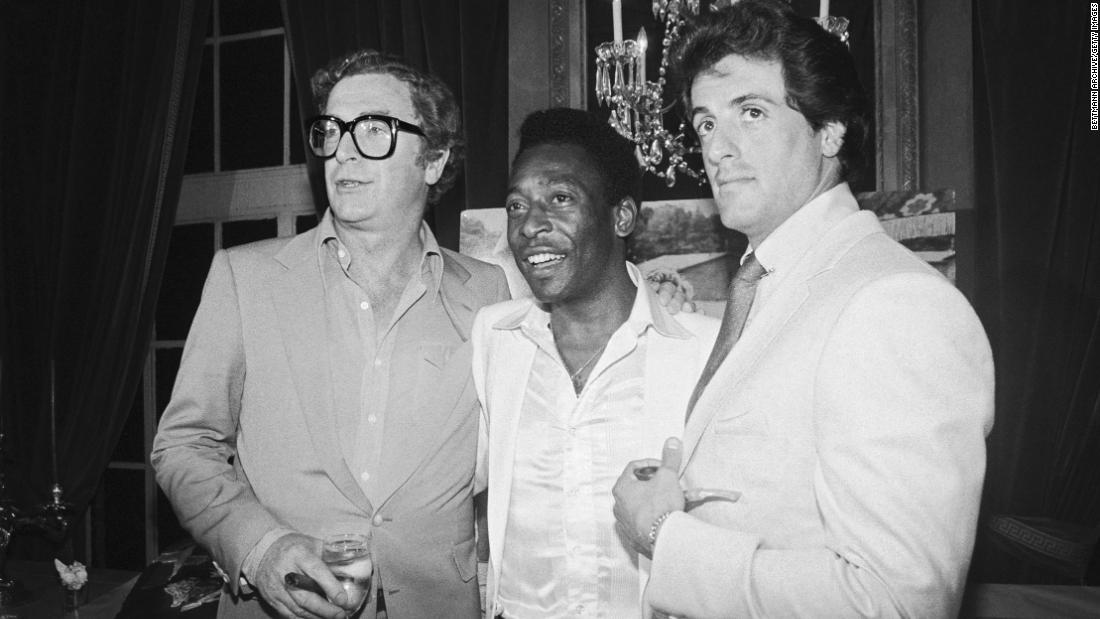 Pelé attends a party with actors Michael Caine, left, and Sylvester Stallone. The three starred together in the 1981 film &quot;Escape to Victory.&quot;