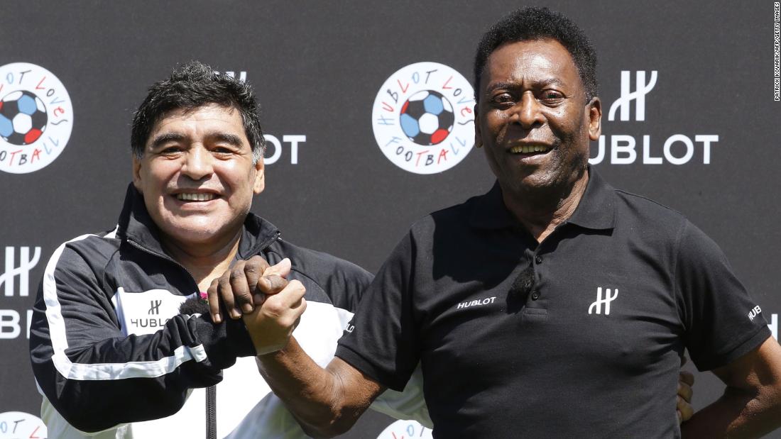 Pelé and Argentine soccer great &lt;a href=&quot;http://www.cnn.com/2020/11/25/football/gallery/diego-maradona/index.html&quot; target=&quot;_blank&quot;&gt;Diego Maradona&lt;/a&gt; pose for a photo together in 2016. The two shared FIFA&#39;s Player of the Century award in 2000. After Maradona&#39;s death in 2020, &lt;a href=&quot;https://www.instagram.com/p/CIBZkvFlwhU/&quot; target=&quot;_blank&quot;&gt;Pelé paid tribute to his &quot;dear friend&quot; on Instagram:&lt;/a&gt; &quot;One day, I hope, we will play soccer together in the sky.&quot;