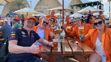 Kees Saton (front left) enjoying the party atmosphere before Sunday&#39;s race at Yas Marina Circuit. 