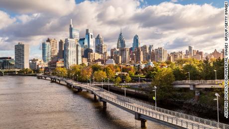 Skyline in autumn behind the Schuylkill River Boardwalk at Sunset, Philadelphia, Pennsylvania, USA. (Photo by: Jumping Rocks/UCG/Universal Images Group via Getty Images)