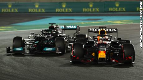 Verstappen leads Hamilton during the Abu Dhabi Grand Prix.