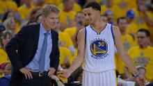 Curry spoke with Warriors coach Steve Kerr during the 2015 NBA playoffs.