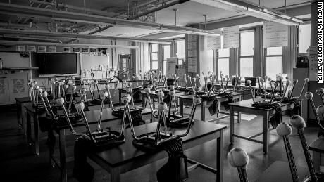 A science classroom at Washington Heights Expeditionary Learning School in Harlem sits empty in July 2020.
