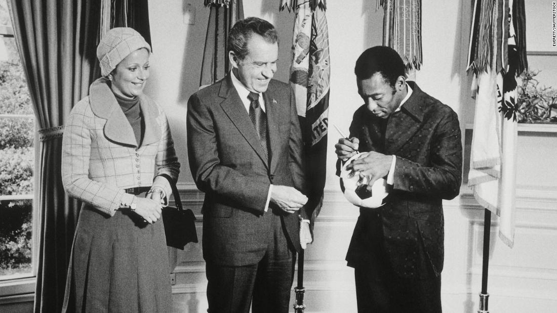 Pelé signs a soccer ball for US President Richard Nixon while visiting the White House with his wife, Rosemeri, in 1973. Pelé met several US presidents during his life. His celebrity status brought this famous quip from Ronald Reagan in 1986: &quot;My name is Ronald Reagan, I&#39;m the President of the United States of America. But you don&#39;t need to introduce yourself, because everyone knows who Pelé is.&quot;