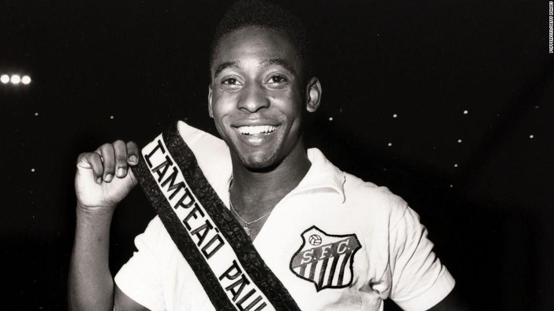 Pelé wears a sash after Santos became São Paulo state champions in 1961. Pelé played for the club from 1956-1974, scoring 618 goals and winning six Brazilian league titles. In 1962 and 1963, Santos won the Copa Libertadores, which is South America&#39;s premier club competition.