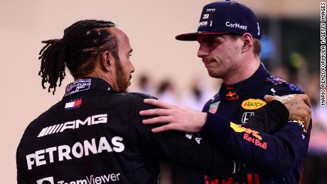Verstappen is congratulated by Hamilton following his dramatic victory.