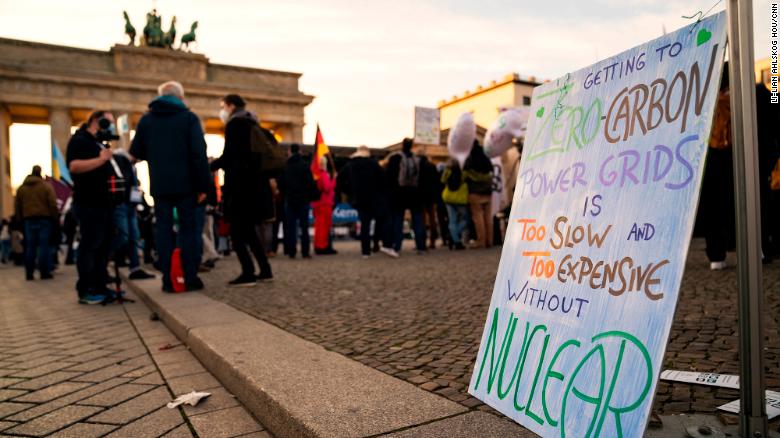 Demonstrators in support of nuclear power outside Berlin's Brandenburg Gate on Saturday, November 13.