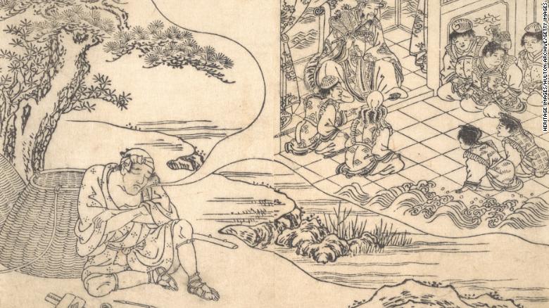 This is a woodblock print of a fisherman dreaming, circa 1700, Japan. The artist is unknown. 