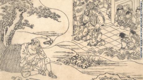 This is a woodblock print of a dreaming fisherman, circa 1700, Japan.  Artist unknown. 