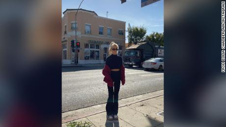 Popular Gen Z Influencer Emma Chamberlain modeling flared leggings on Instagram.
