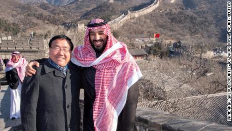 Saudi Arabia's Crown Prince Mohammed bin Salman poses for the camera with Chinese Ambassador to Saudi Arabia Li Huaxin during a visit to the Great Wall of China in Beijing, China on February 21, 2019. 