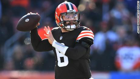 Baker Mayfield of the Cleveland Browns throws a pass against the Baltimore Ravens on December 12, 2021.