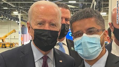Mayor-elect Ghalib met President Joe Biden during the opening of GM&#39;s Factory Zero, the new name for its Detroit-Hamtramck plant, in November.