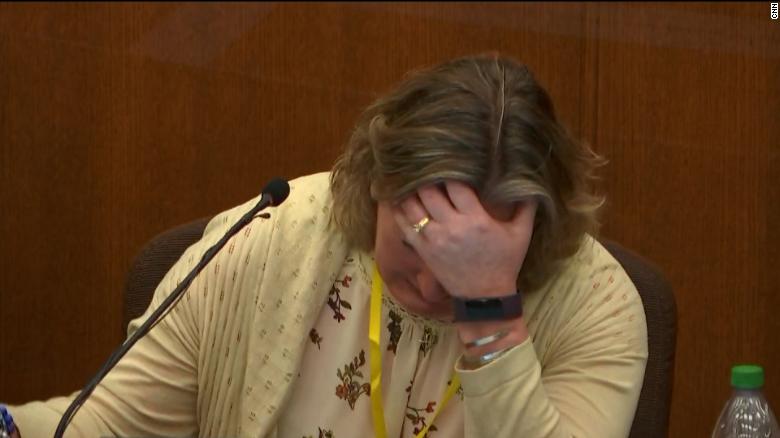 Former police officer Kim Potter becomes emotional during testimony