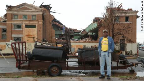 James Stovall, owner of Larry, Darrell &;  Darrell Bar-B-Q lost his food truck and smoker in the tornado outbreak.