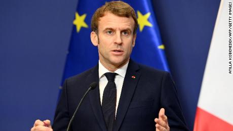 France&#39;s President Emmanuel Macron is seen at a December 13, 2021, press conference, months before the country&#39;s presidential election. 