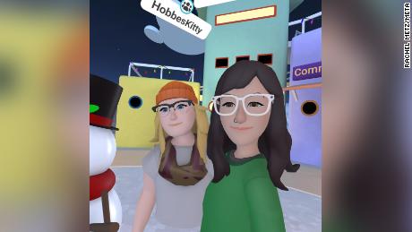 CNN Business&#39; Rachel Metz testing out Meta&#39;s recently released VR app Horizon Worlds with her real-life friend Signe Brewster.