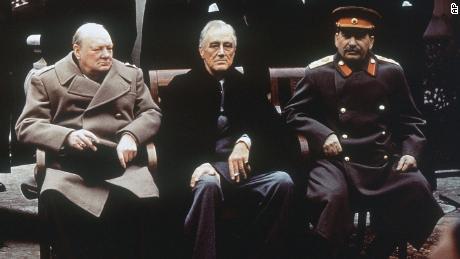 FILE - This is a Feb. 4, 1945, file photo of from left, British Prime Minister Winston Churchill, U.S. President Franklin Roosevelt and Soviet Premier Josef Stalin as they sit on the patio of Livadia Palace, Yalta, Crimea.  Initially hailed as a major success, the conference later came to be viewed by some as the moment that the U.S. ceded too much influence to the Soviets and the trigger for the Cold War. 
 (AP Photo/File)