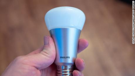 A Philips Hue web-connected smart lightbulb