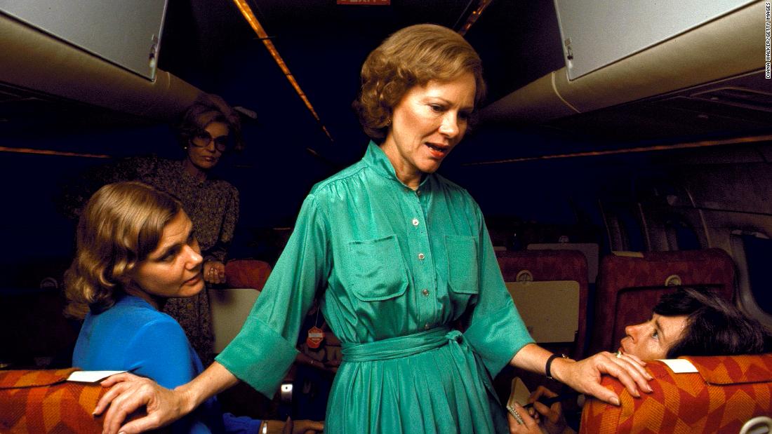 Rosalynn travels on a plane as part of a campaign trip in October 1979. Her husband was up for reelection.