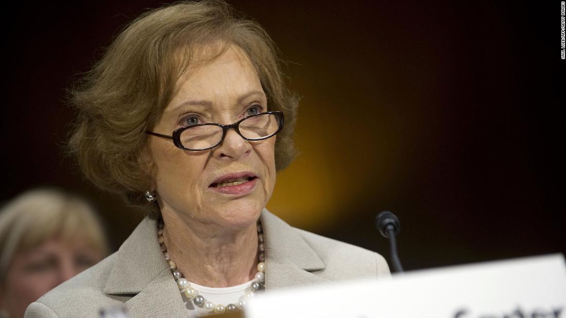 Rosalynn speaks to senators on Capitol Hill during a hearing of the Special Committee on Aging in 2011. Carter urged the reauthorization of the Older Americans Act, which provides older Americans access to caregiving services.