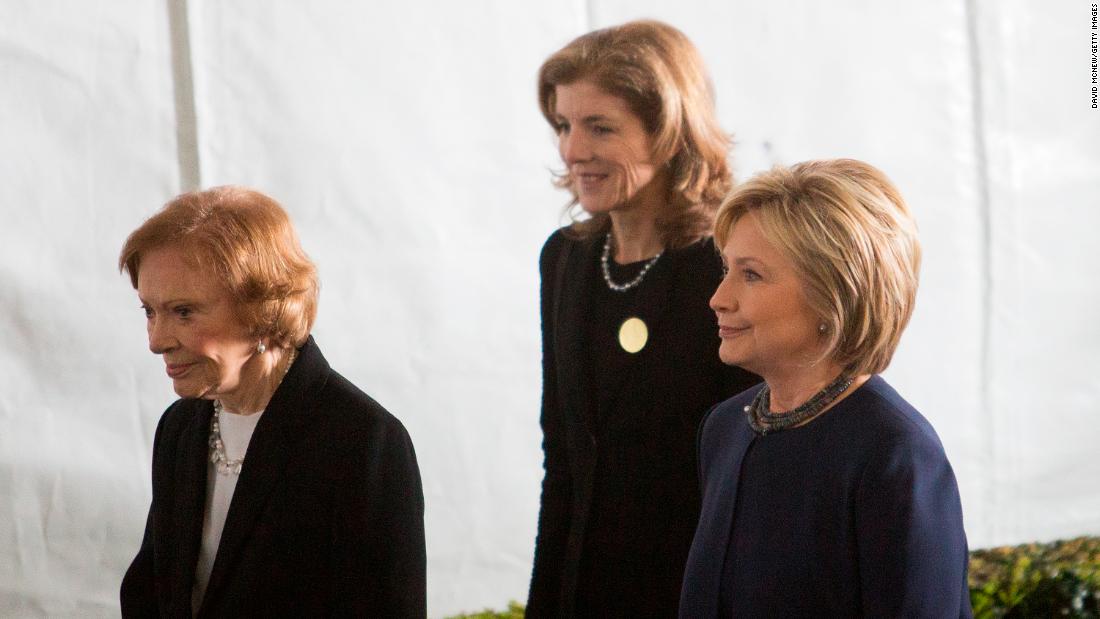 From left, Rosalynn, Caroline Kennedy and Hillary Clinton follow the casket of former first lady Nancy Reagan during her funeral in 2016.