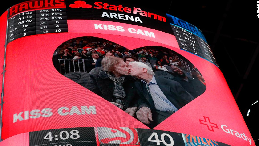 The Carters are seen on the &quot;kiss cam&quot; during an NBA basketball game in Atlanta in 2019.