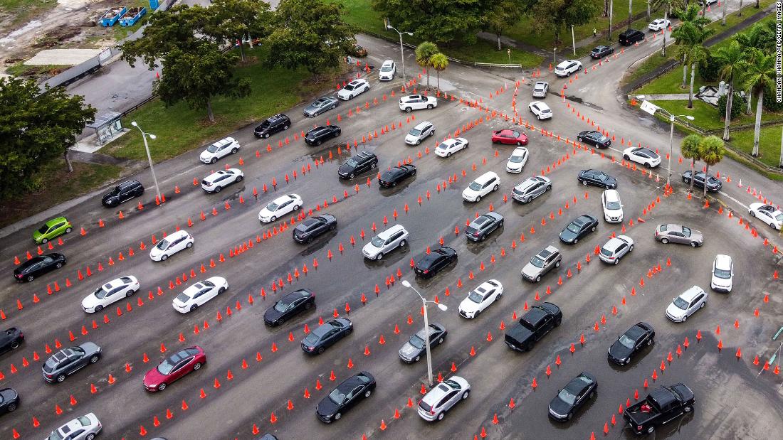 In this aerial view, cars line up at a testing site at Tropical Park in Miami on December 21.