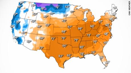 As temperaturas ficarão acima da média (laranja) em boa parte do país no dia de Natal.  Temperaturas abaixo da média (azul e roxo) são esperadas nas partes norte e oeste do país. 