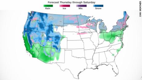 Snow will be more widespread with the weekend storm. This map shows a snapshot of some of the precipitation that might fall over the next several days. 
