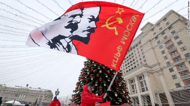 Supporters of the Russian Communist Party are seen ahead of a flower laying ceremony at Soviet leader Joseph Stalin&#39;s grave, marking the 142nd anniversary of his birth. 