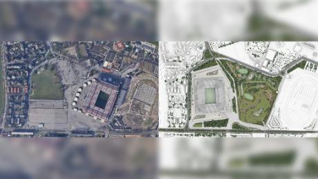 The current San Siro (L) and the planned redevelopment (R).