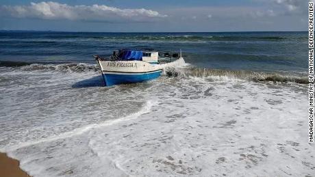 The &quot;Francia&quot; cargo ship, which sank off the coast of Madagascar on Monday, is seen at a beach in the country&#39;s northeast on December 22, 2021.