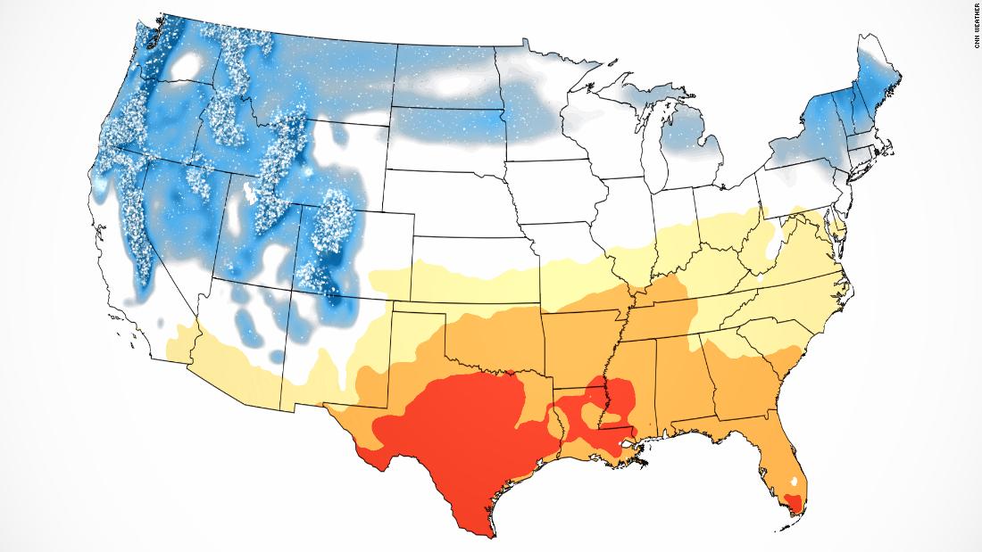 Some in the West may see an uncommon white Christmas as the Southeast gets unseasonable warmth – CNN
