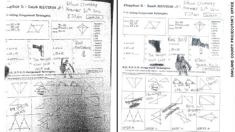 Prosecutors allege Ethan Crumbley made &quot;modifications&quot; to his drawing after it was discovered. The original drawing is on the left.