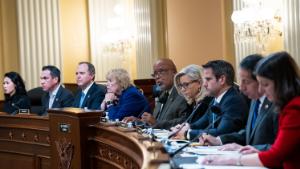 Chairman Bennie Thompson, D-Miss., makes remarks during the Select Committee to Investigate the January 6th Attack on the United States Capitol markup in Cannon Building on a &quot;report recommending that the House of Representatives cite Jeffrey Clark for criminal contempt of Congress and refer him to the United States Attorney for the District of Columbia for prosecution,&quot; on Wednesday, December 1, 2021. Appearing from left are, Reps. Stephanie Murphy, D-Fla., Pete Aguilar, D-Calif., Adam Schiff, D-Calif., Zoe Lofgren, D-Calif., Thompson, Liz Cheney, R-Wyo., Adam Kinzinger, R-Ill., Jamie Raskin, D-Md., and Elaine Luria, D-Va.(Photo By Tom Williams/CQ Roll Call via AP Images)