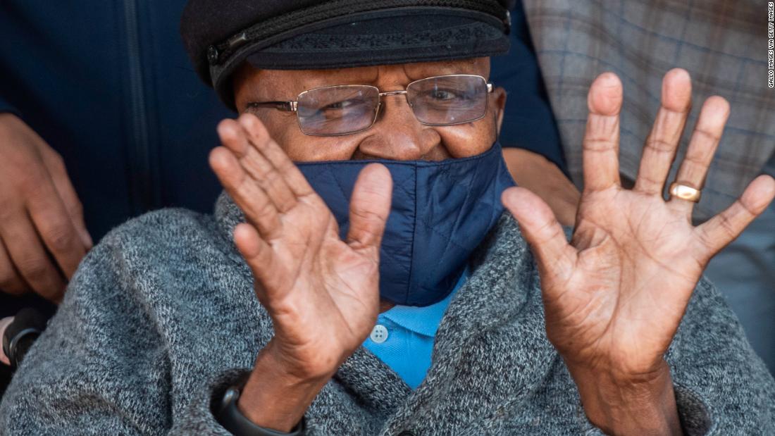 Archbishop Emeritus Desmond Tutu visits the Brooklyn Chest Hospital vaccination site on May 17, 2021 in Cape Town, South Africa.