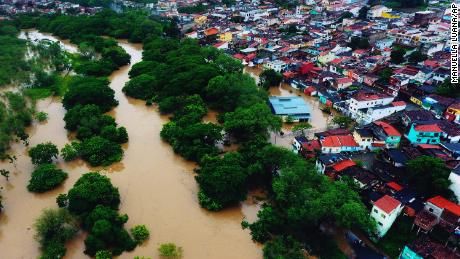 Aerial view of floods caused by heavy rains in the city of Itapetinga, southern region of the state of Bahia, Brazil, Sunday, Dec. 26, 2021.