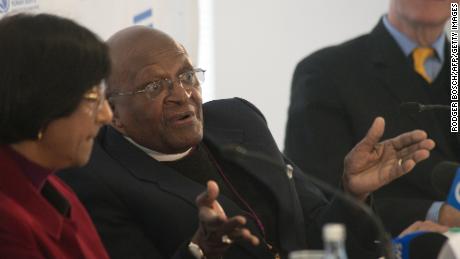 Archbishop Desmond Tutu, center, at the launch of Free &amp; Equal, a United Nations global public education campaign for lesbian, gay, bisexual and transgender equality on July 26, 2013 in Cape Town.